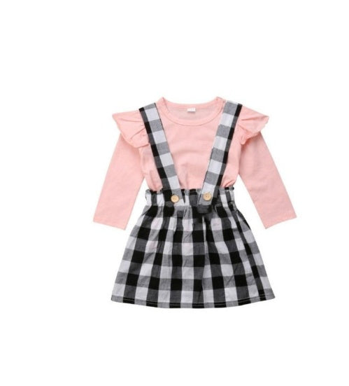 New European And American Foreign Trade Fashion Children's Clothing Long-sleeved Solid Color T-shirt Strap Dress Two-piece