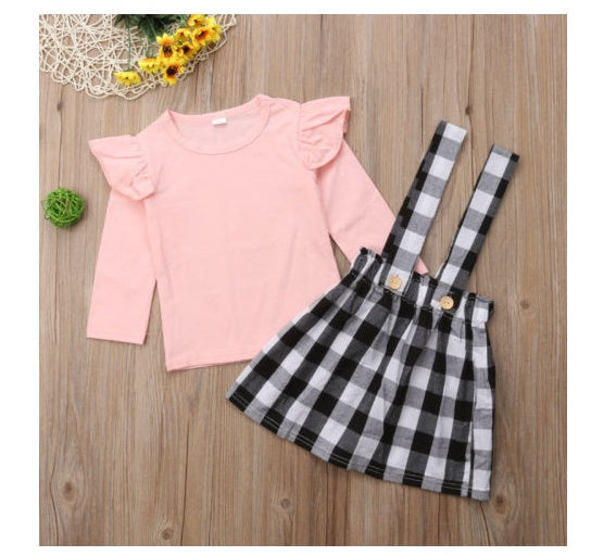 New European And American Foreign Trade Fashion Children's Clothing Long-sleeved Solid Color T-shirt Strap Dress Two-piece