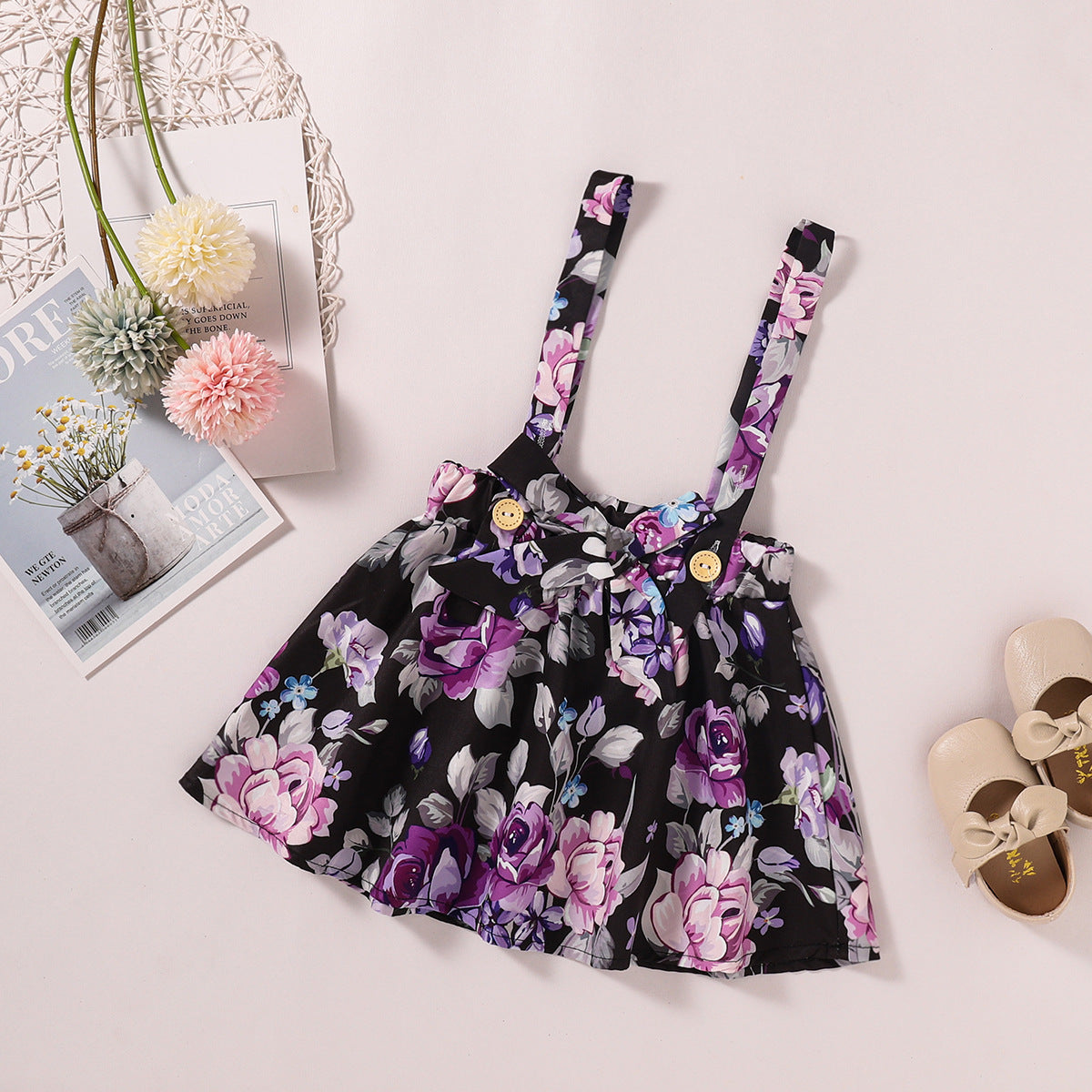Girls' Skirt Suit, Pit Striped Cotton Short-sleeved T-shirt Three-piece Printed Suspender Skirt