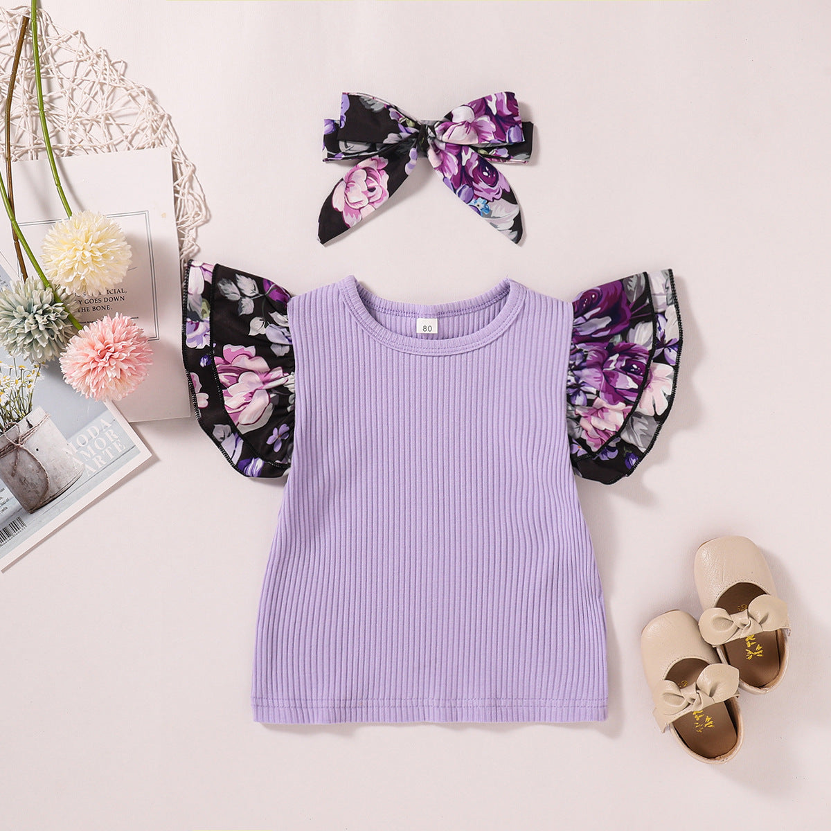Girls' Skirt Suit, Pit Striped Cotton Short-sleeved T-shirt Three-piece Printed Suspender Skirt