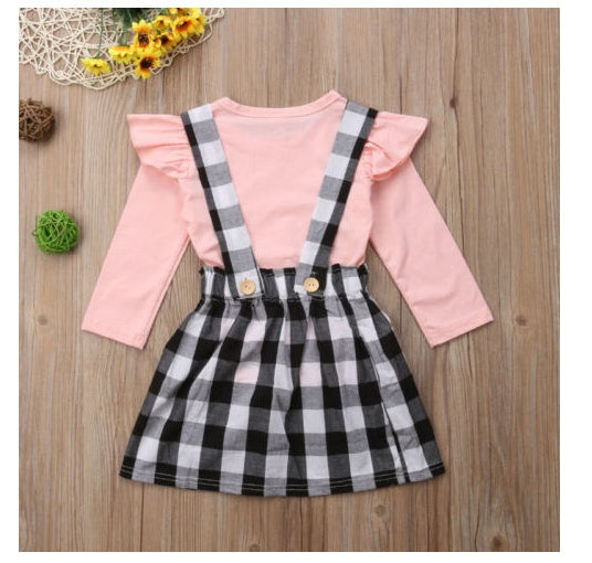 New European And American Foreign Trade Fashion Children's Clothing Long-sleeved Solid Color T-shirt Strap Dress Two-piece