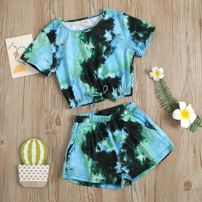 Children's Tie-dyed Round Neck Top And Shorts Suit