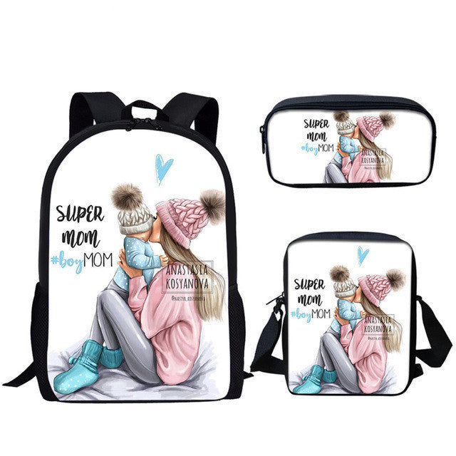 Three-piece printed student backpack diagonal bag