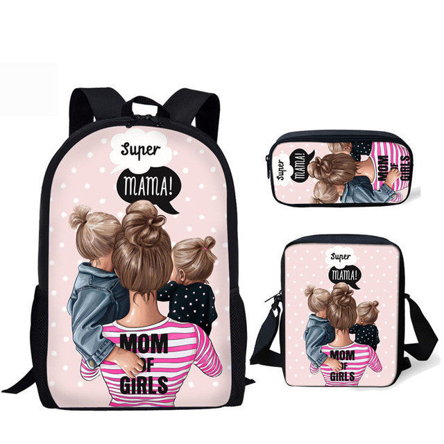 Three-piece printed student backpack diagonal bag