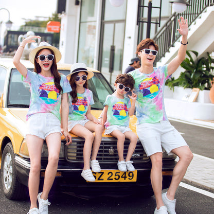 Western Style Tie-dye Cotton Short-sleeved T-shirt New Family Of Four Family Wear