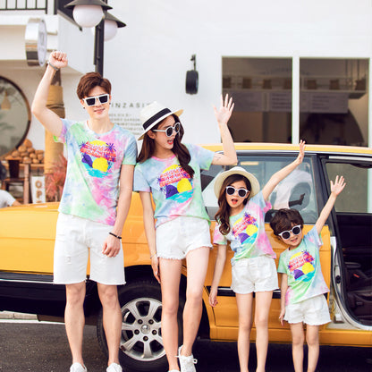 Western Style Tie-dye Cotton Short-sleeved T-shirt New Family Of Four Family Wear