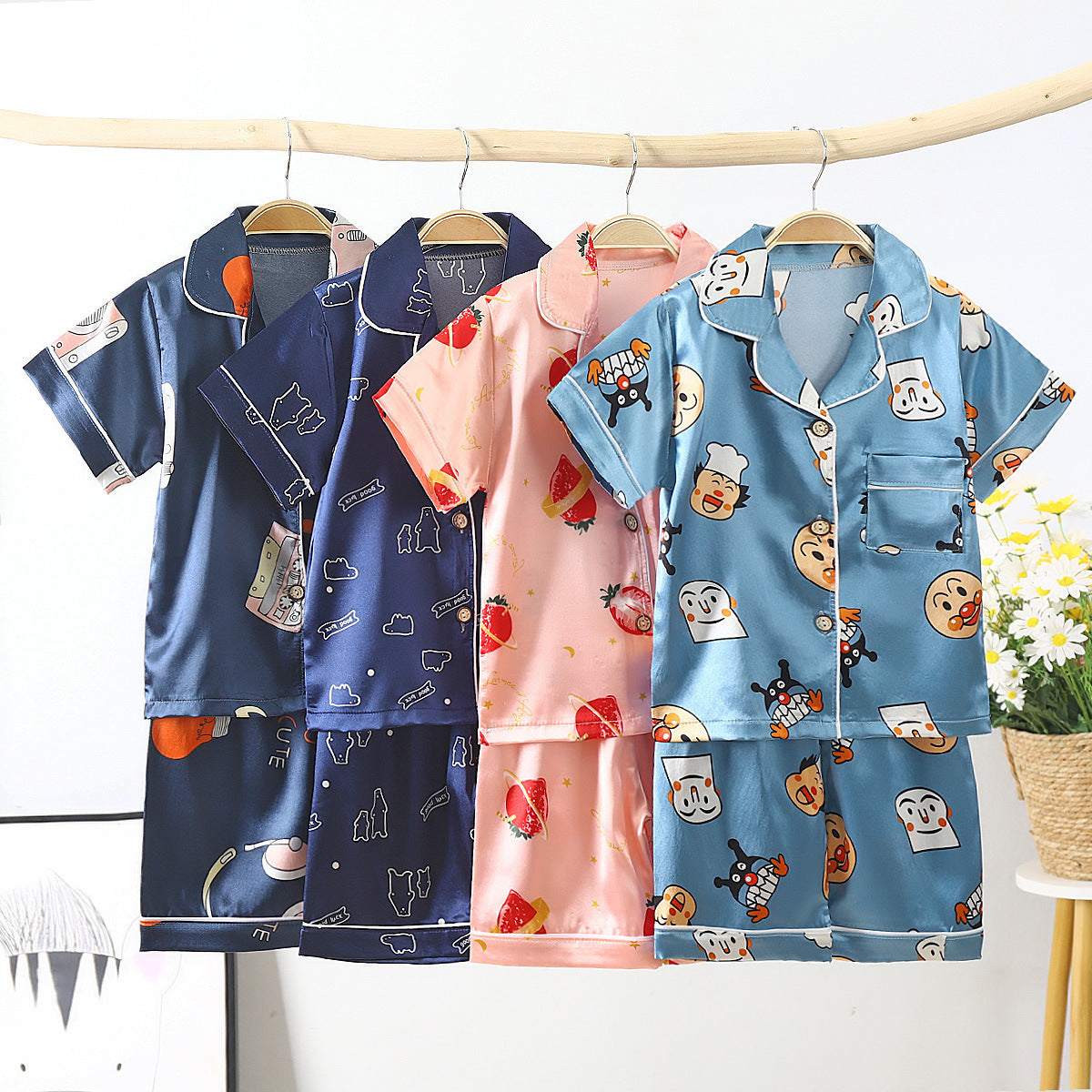 Pajama ng Bata Set Cartoon Printed Silk Home Service