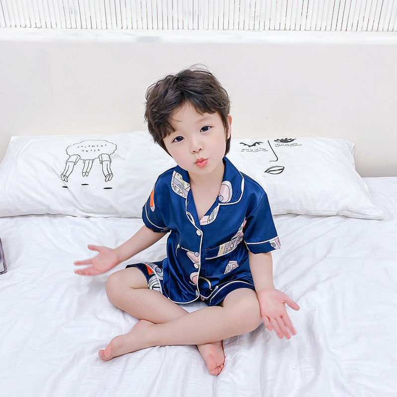 Pajama ng Bata Set Cartoon Printed Silk Home Service