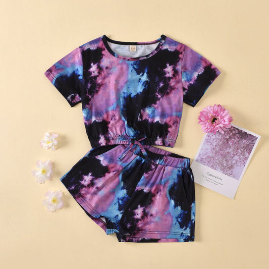 Children's Tie-dyed Round Neck Top And Shorts Suit