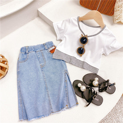 Two Piece Children's Short Sleeved Denim Skirt