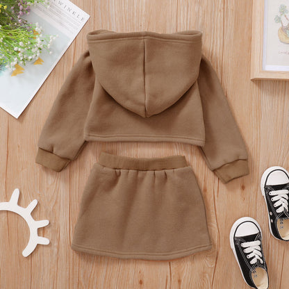 Fashion Hooded Long Sleeve Top Autumn Pure Color Short Skirt Set