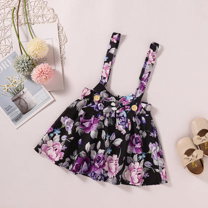 Girls' Skirt Suit, Pit Striped Cotton Short-sleeved T-shirt  Three-piece Printed Suspender Skirt