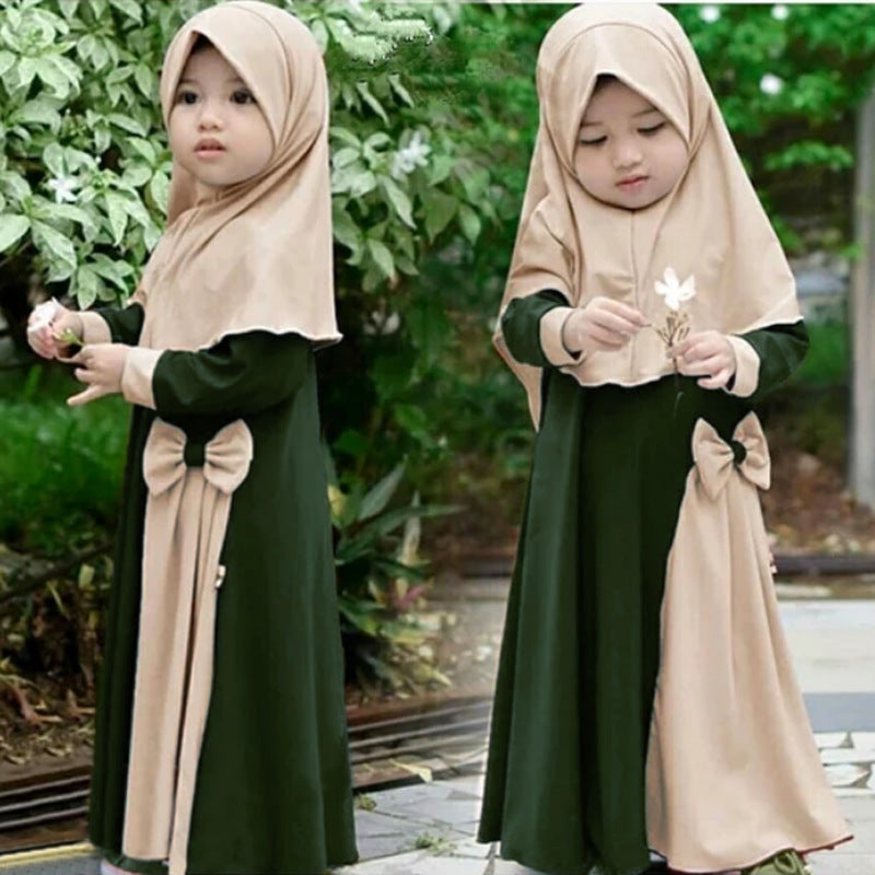 Girls' Long Sleeve Bowknot Long Dress Head Scarf