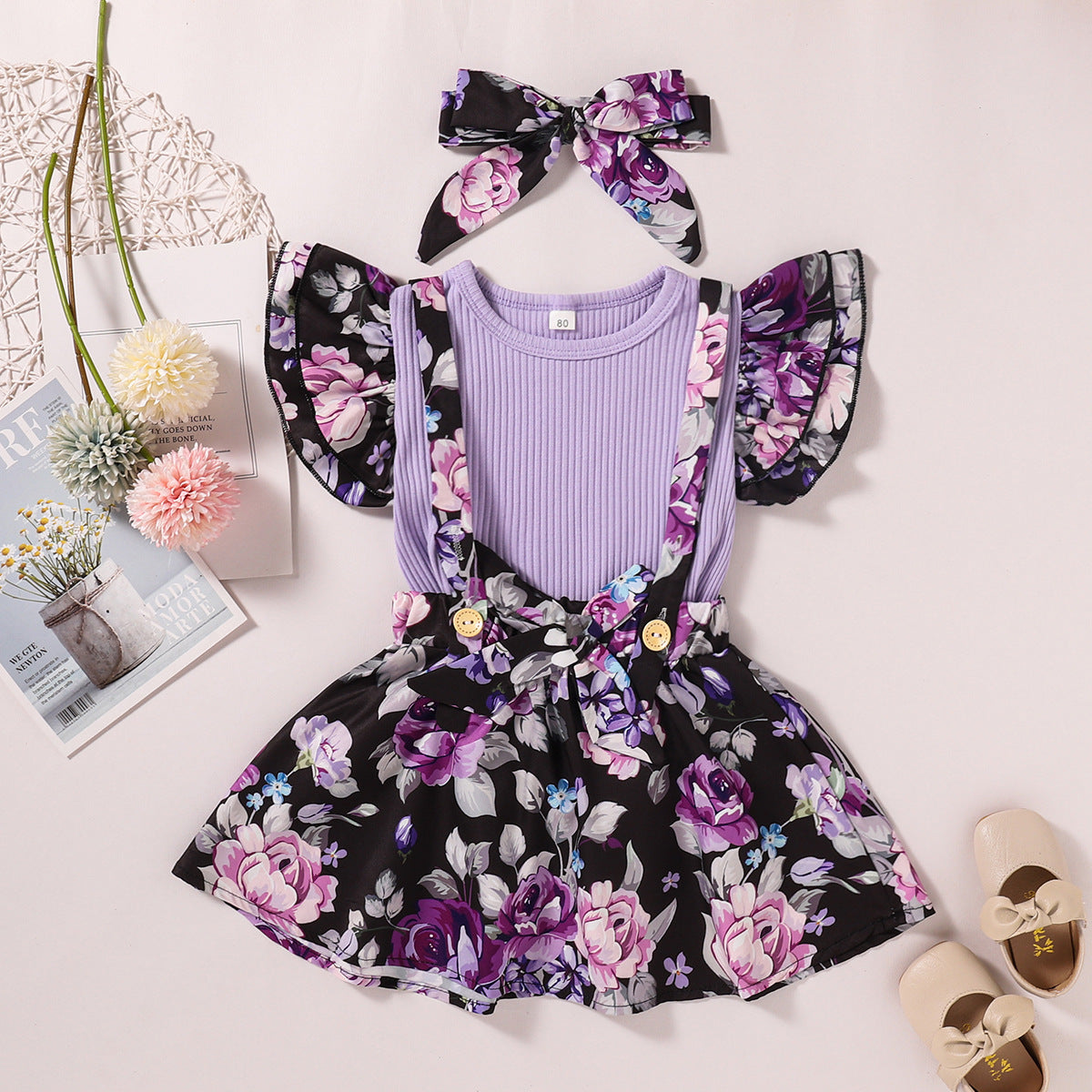 Girls' Skirt Suit, Pit Striped Cotton Short-sleeved T-shirt  Three-piece Printed Suspender Skirt