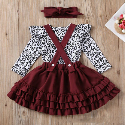 Leopard Print Pambata na Romper Strap Lace Skirt Girls Set