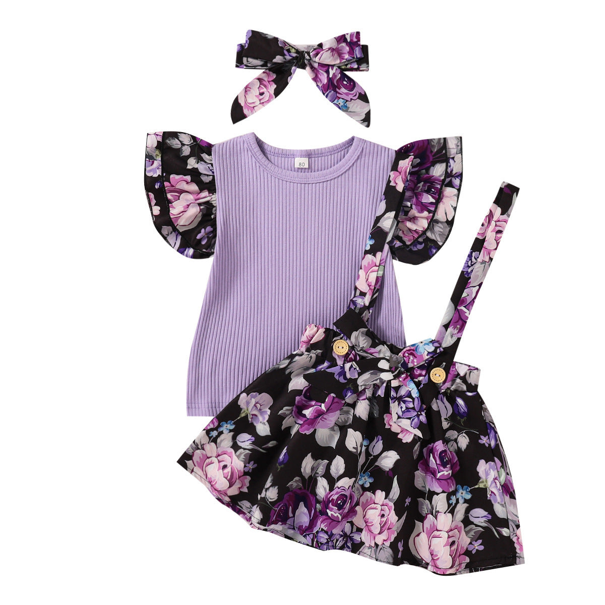 Girls' Skirt Suit, Pit Striped Cotton Short-sleeved T-shirt  Three-piece Printed Suspender Skirt