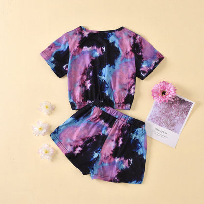 Children's Tie-dyed Round Neck Top And Shorts Suit