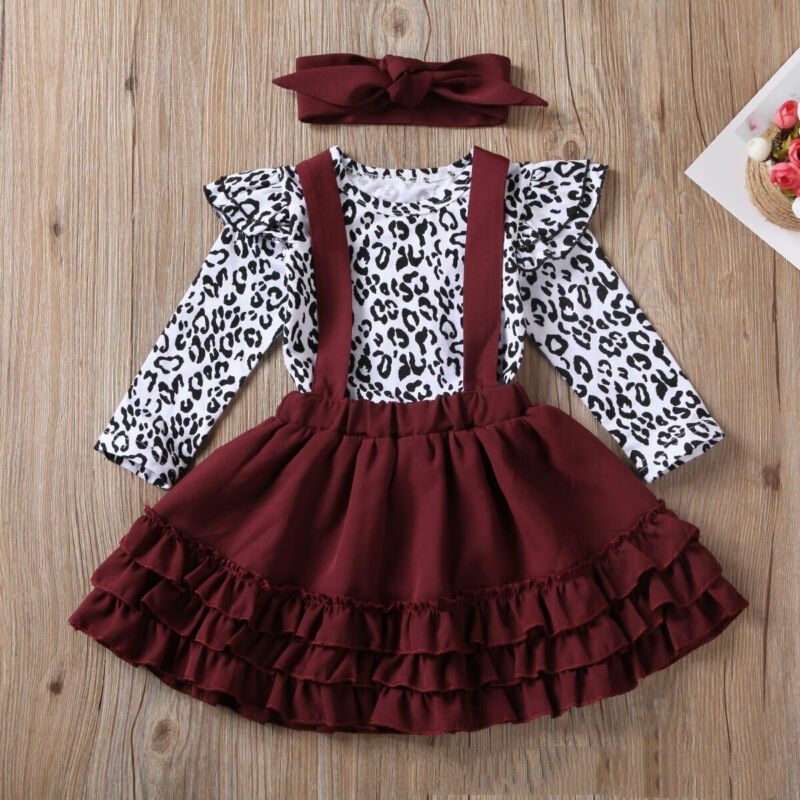 Leopard Print Pambata na Romper Strap Lace Skirt Girls Set