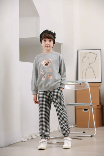 Round Neck Sweater Suit Cotton Plaid Trousers