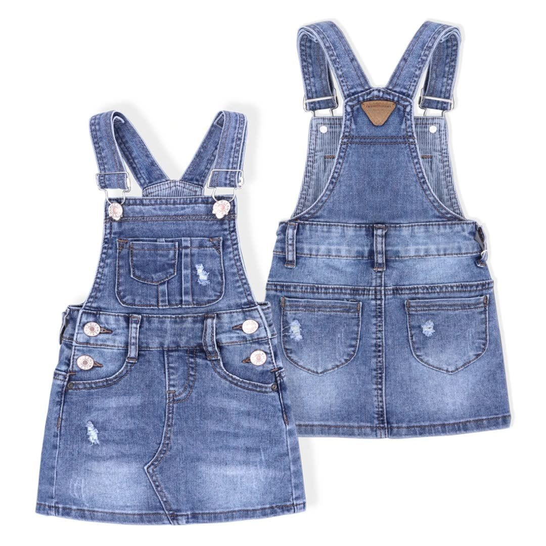 Stretch Ripped Denim Slip Dress For Baby Girls