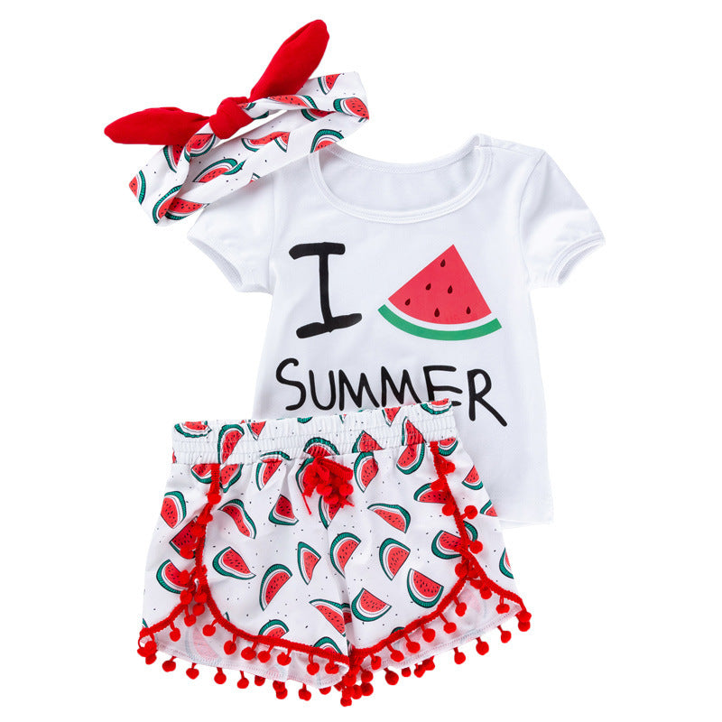 Summer Baby Girl Beach Short-sleeved T-shirt Shorts Set ng Hairband