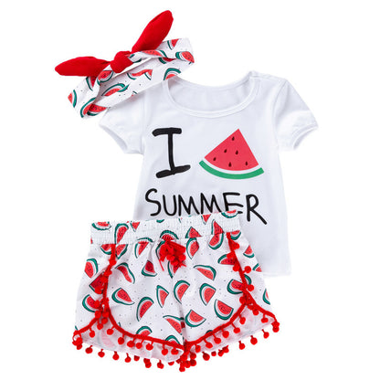 Summer Baby Girl Beach Short-sleeved T-shirt Shorts Set ng Hairband