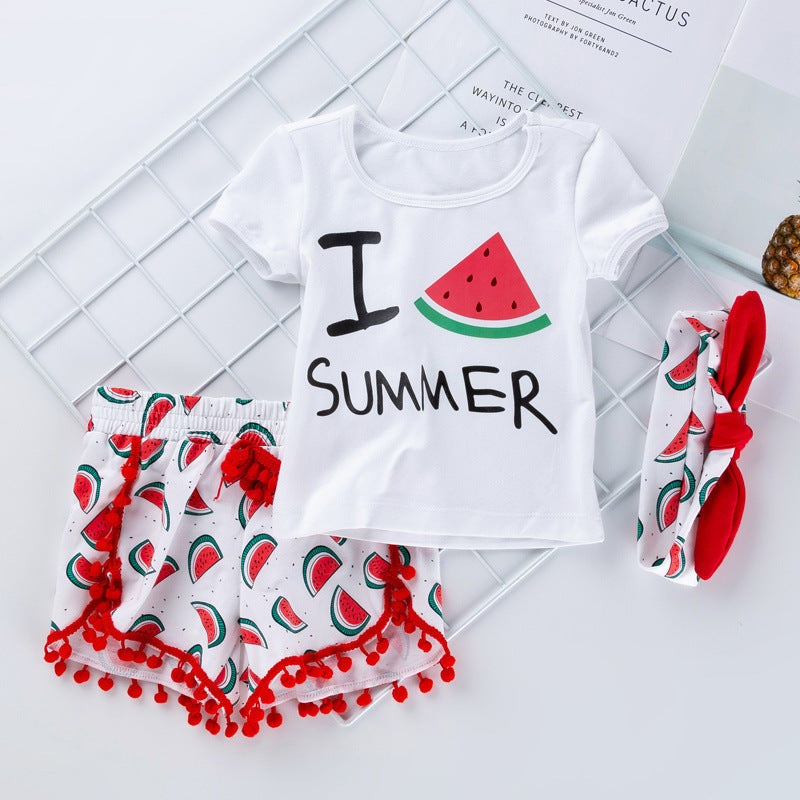 Summer Baby Girl Beach Short-sleeved T-shirt Shorts Set ng Hairband