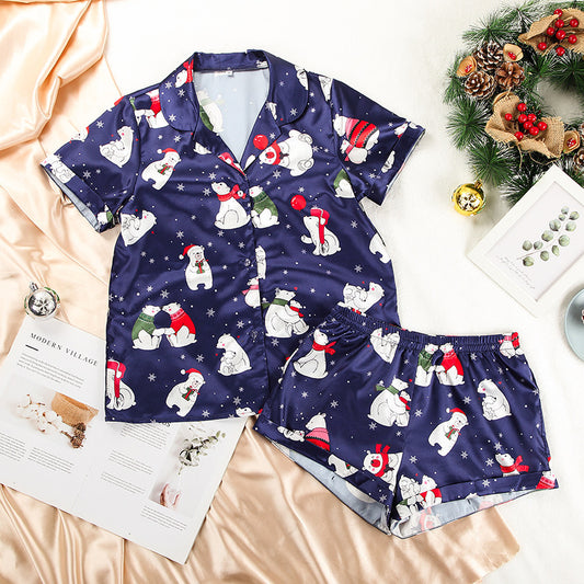 Satin Short-sleeved Pajamas Set For Women Christmas Print