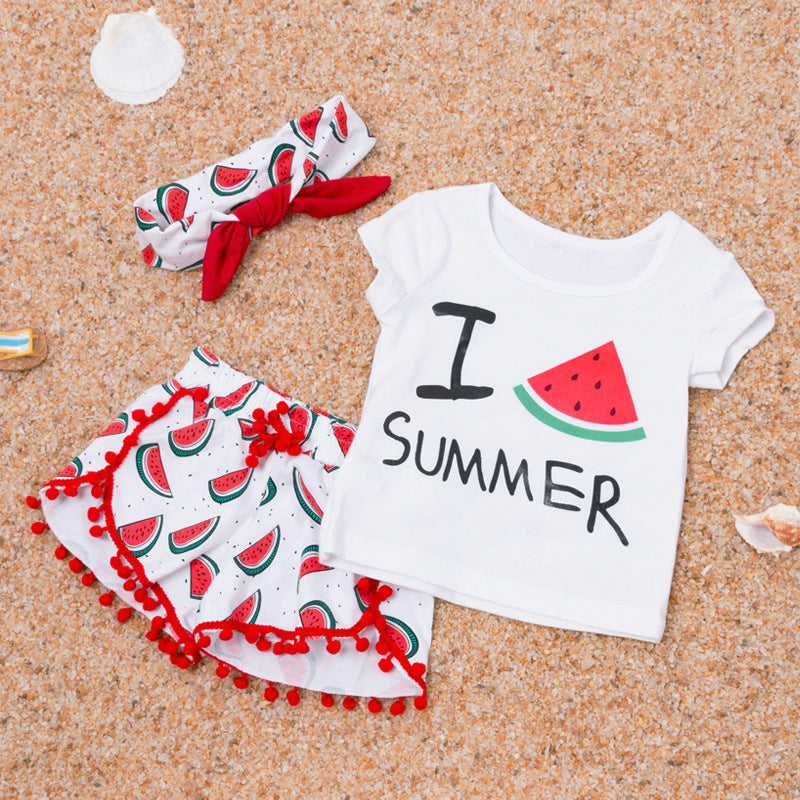 Summer Baby Girl Beach Short-sleeved T-shirt Shorts Set ng Hairband