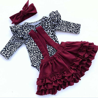 Leopard Print Pambata na Romper Strap Lace Skirt Girls Set