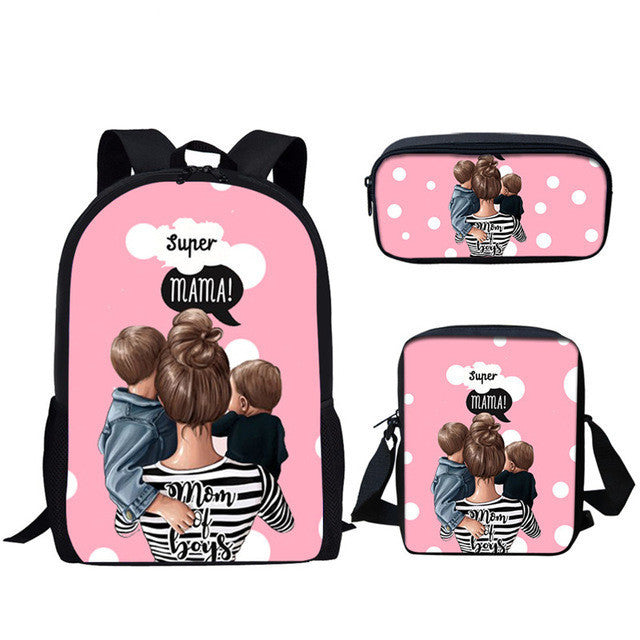 Three-piece printed student backpack diagonal bag