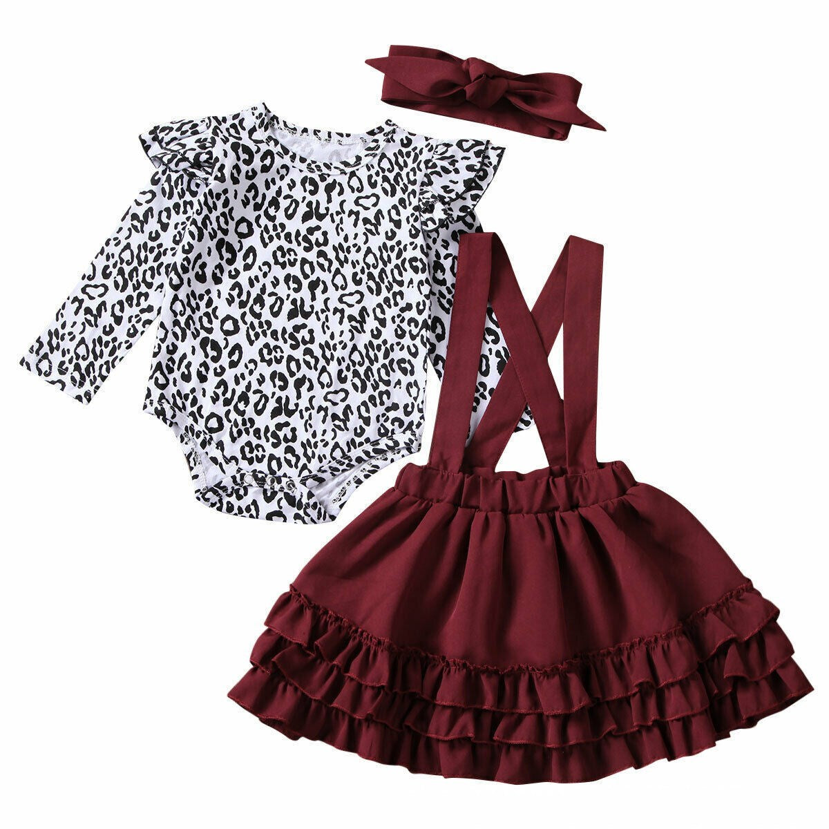 Leopard Print Pambata na Romper Strap Lace Skirt Girls Set