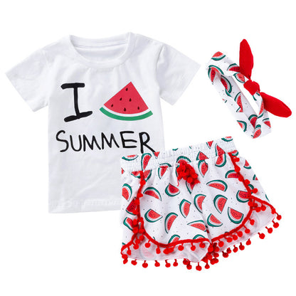 Summer Baby Girl Beach Short-sleeved T-shirt Shorts Set ng Hairband