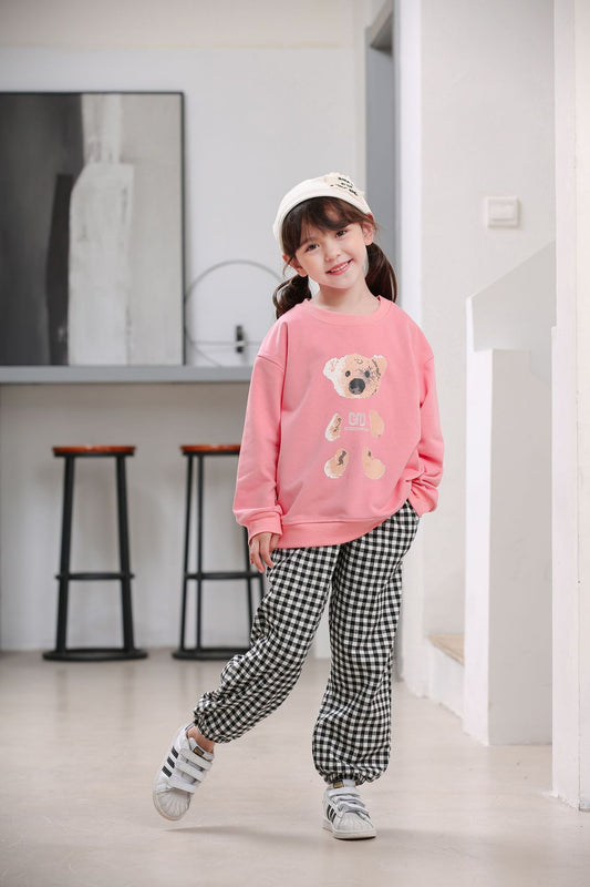 Round Neck Sweater Suit Cotton Plaid Trousers