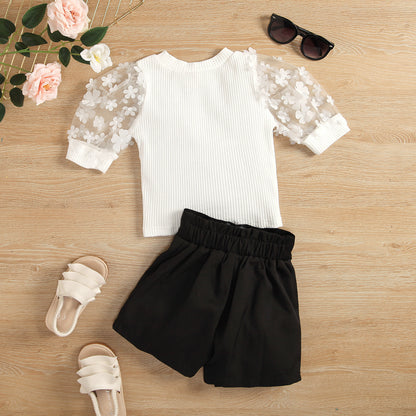 Girls Three-dimensional Flower Mesh Sleeve Cotton Top Black Skirt Pants Suit