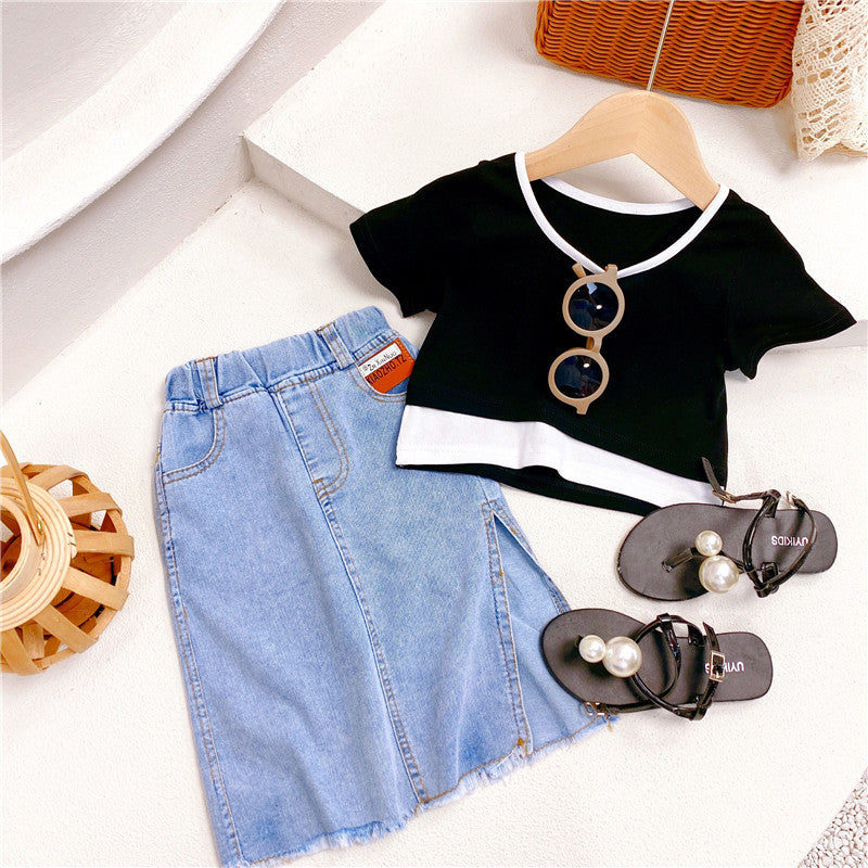 Two Piece Children's Short Sleeved Denim Skirt