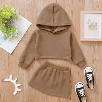 Fashion Hooded Long Sleeve Top Autumn Pure Color Short Skirt Set