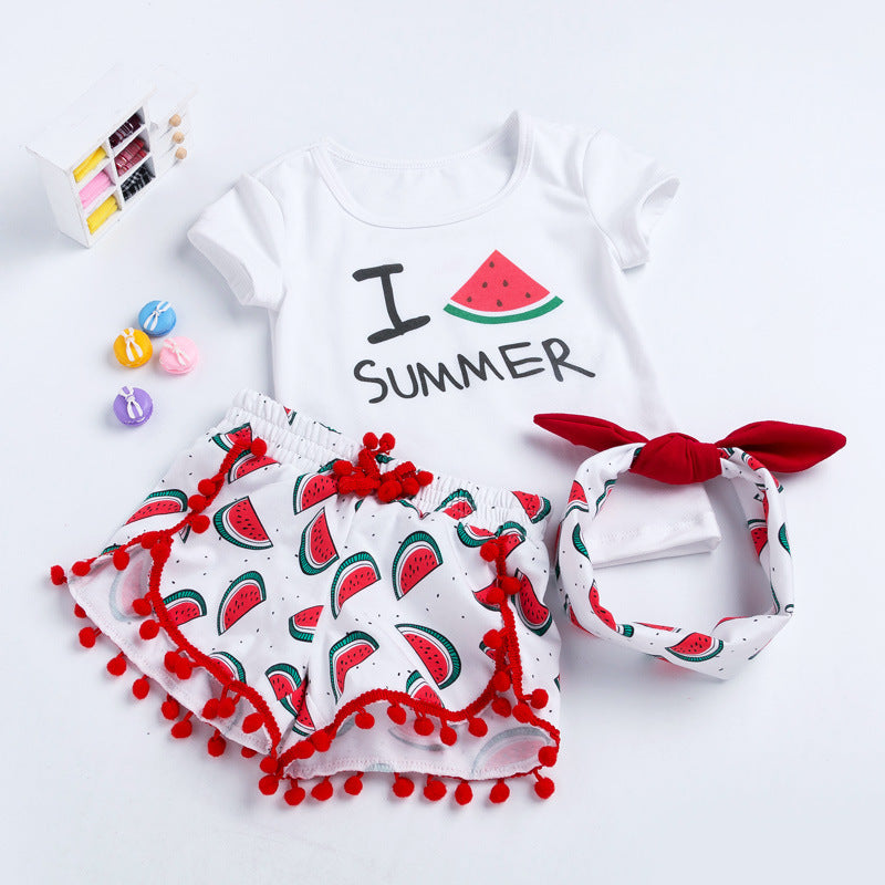 Summer Baby Girl Beach Short-sleeved T-shirt Shorts Set ng Hairband