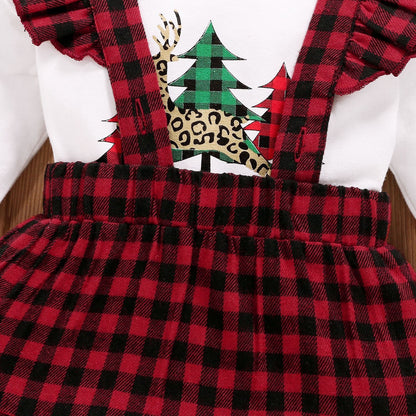 Girls Spring And Autumn Christmas Tree Letter Print Top Plaid Sling Skirt