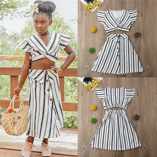 Mga Damit na Pambata Baby Girl Suit Striped Sleeveless Short Top At Long Skirt