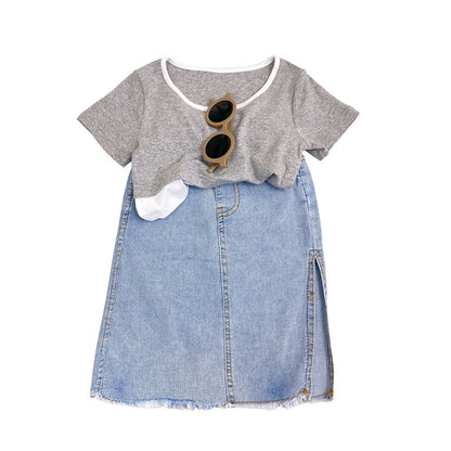 Two Piece Children's Short Sleeved Denim Skirt