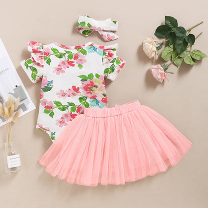 Hort Sleeved One Printed Top Fluffy Skirt Three Piece Set