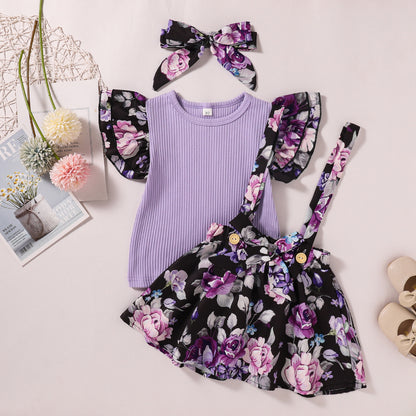 Girls' Skirt Suit, Pit Striped Cotton Short-sleeved T-shirt  Three-piece Printed Suspender Skirt