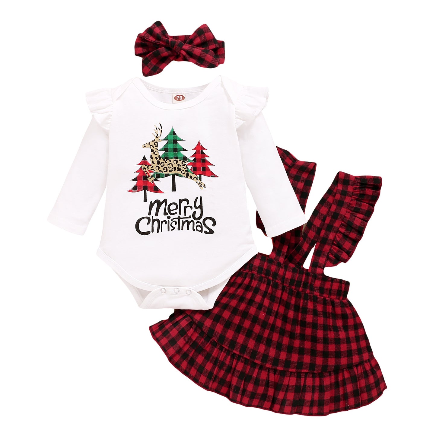 Girls Spring And Autumn Christmas Tree Letter Print Top Plaid Sling Skirt