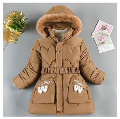 Mid-length Fleece Waisted Large Fur Collar Cotton Coat