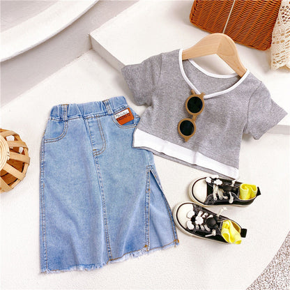 Two Piece Children's Short Sleeved Denim Skirt