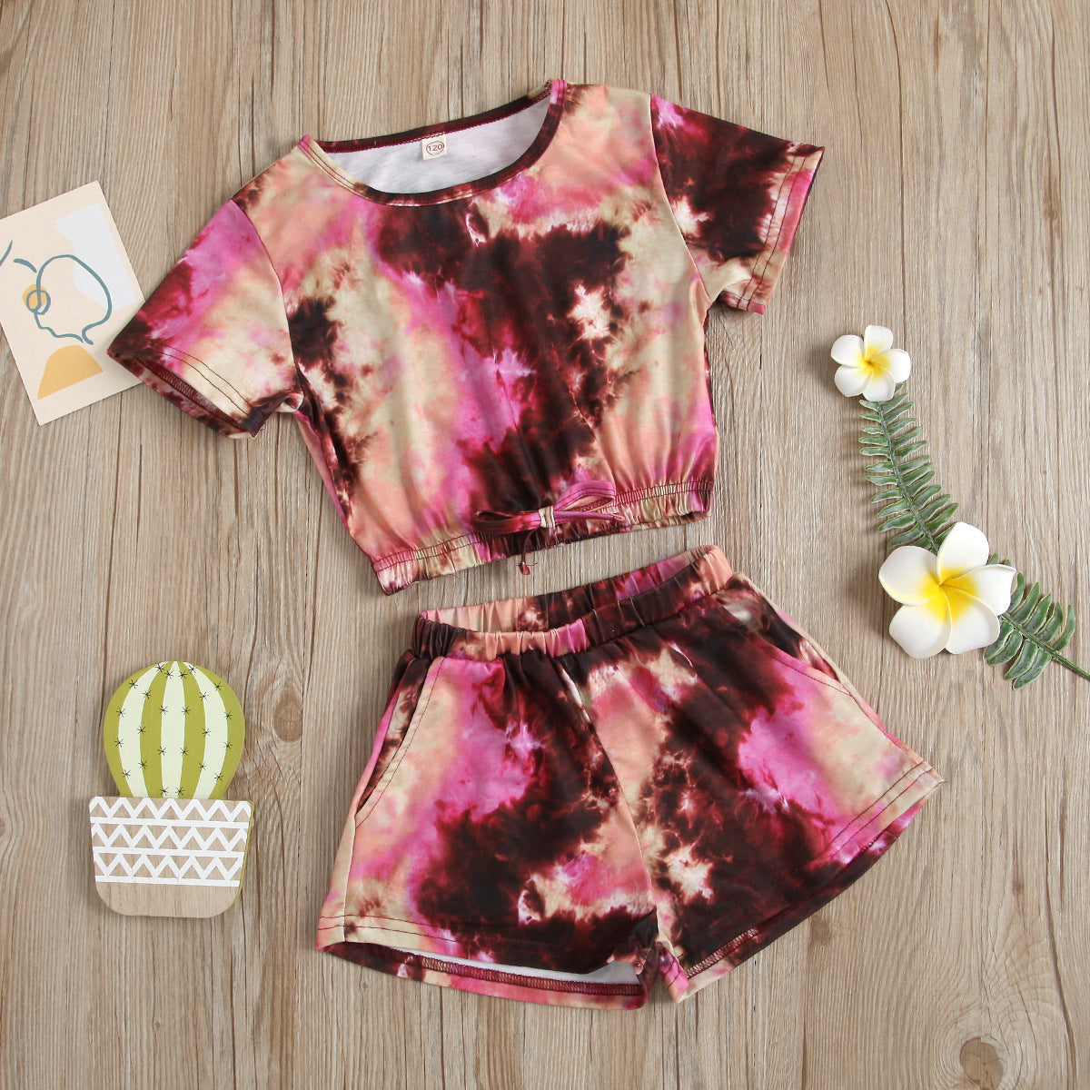 Children's Tie-dyed Round Neck Top And Shorts Suit