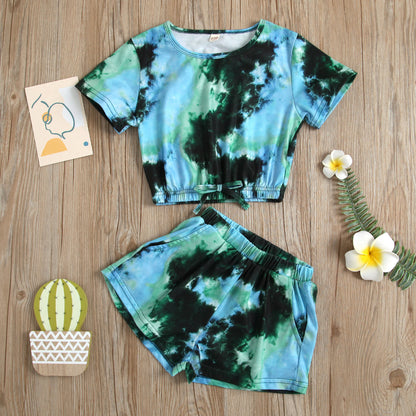 Children's Tie-dyed Round Neck Top And Shorts Suit