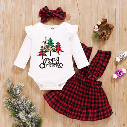 Girls Spring And Autumn Christmas Tree Letter Print Top Plaid Sling Skirt